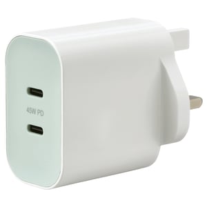 A white SJÖSS 45w usb-c charger with dual ports, rectangular shape, and smooth design.