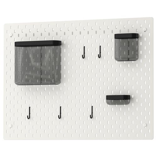 SKÅDIS white pegboard with black mesh bins and hooks for wall organisation.