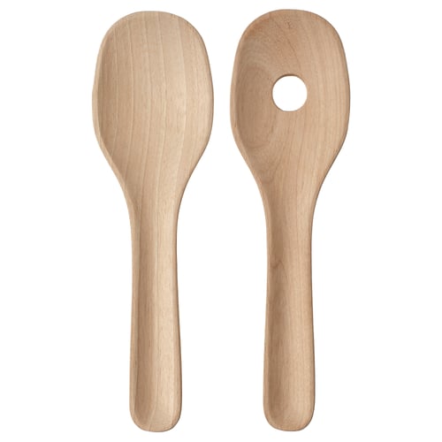 Pair of light wooden salad servers with round handles, simple and stylish design.