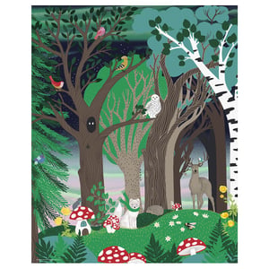 Enchanted forest poster - green, brown, detailing woodland creatures, trees, mushrooms.