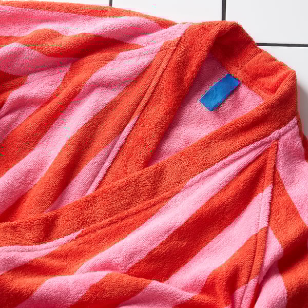 SKOGSSALLAT Bath robe, red-pink/striped, L/XL