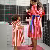 SKOGSSALLAT Bath robe, red-pink/striped, L/XL