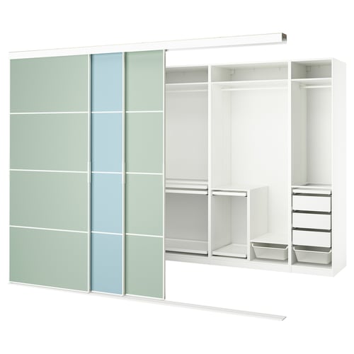 Ikea SKYTTA wardrobe: white customizable sliding closet with light green and blue glass doors, metal and wood interior, 10-year guarantee.