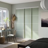 SKYTTA / PAX Walk-in wardrobe with sliding doors, white double sided/Mehamn light green, 226x160x240 cm