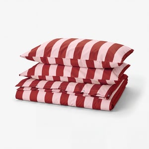 SLÅNHÖSTMAL Duvet cover and 2 pillowcases, light pink dark red/stripe, 240x220/50x80 cm