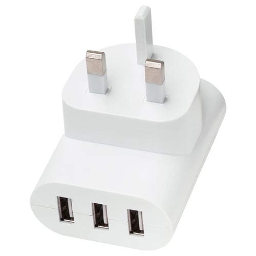 White triple usb charger with british plug, rectangular shape, smooth design, polycarbonate plastic.