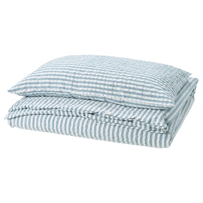 SMÅNUNNEÖRT Duvet cover and pillowcase, dark grey-blue white/striped, 150x200/50x80 cm