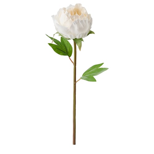 White artificial peony flower on green stem with leaves. Made from recycled plastic.