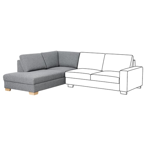 SÖRVALLEN sectional sofa, grey, fabric with structure, l-shape, rich cushions, solid oak legs.