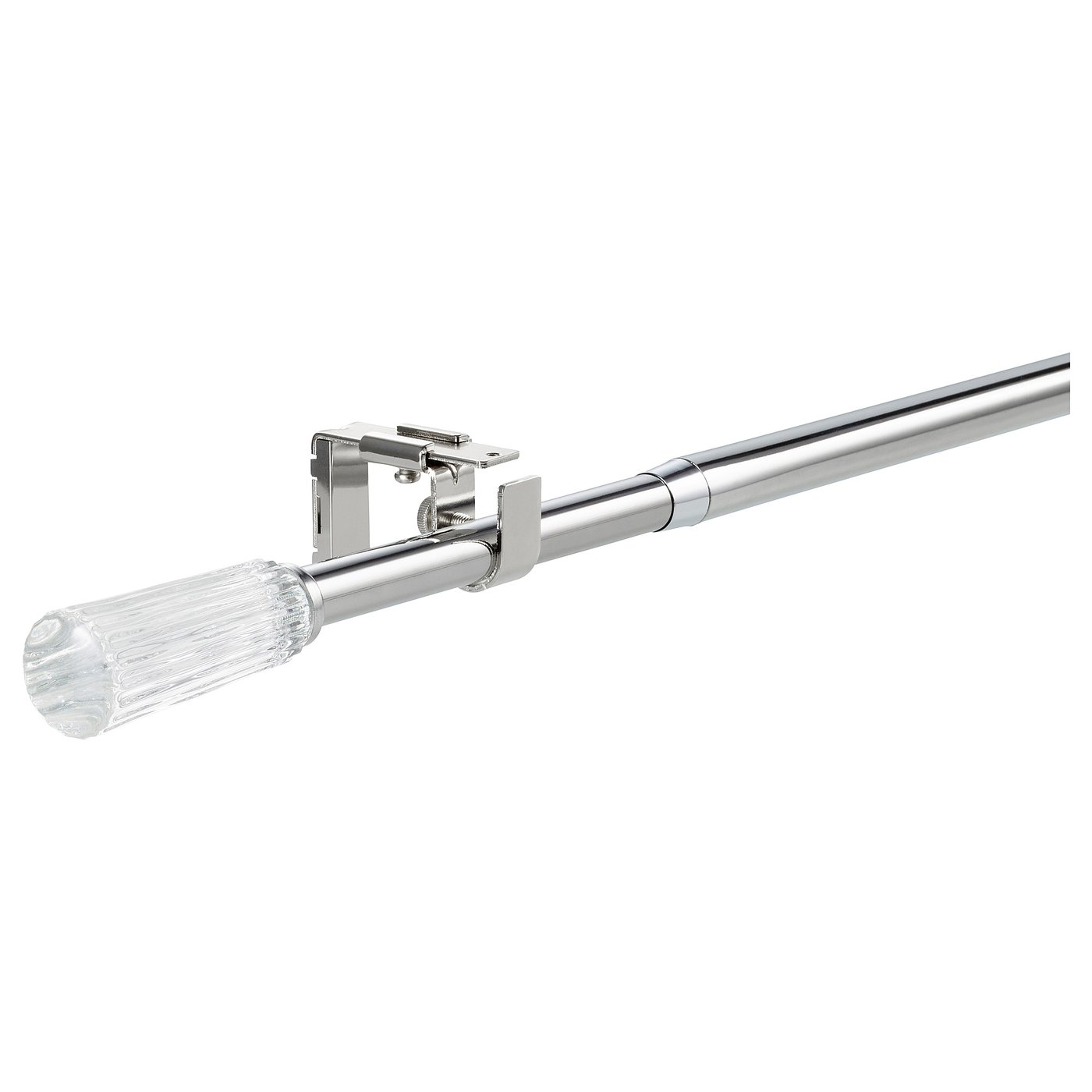 Soldvärg mal silver curtain rod set, shiny chrome steel & glass, modern design.