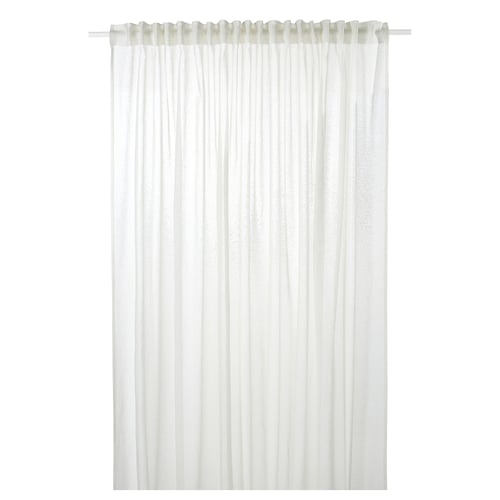 A white stockholm 25 sheer curtain in a cotton/linen blend, featuring a heading tape for easy pleating.
