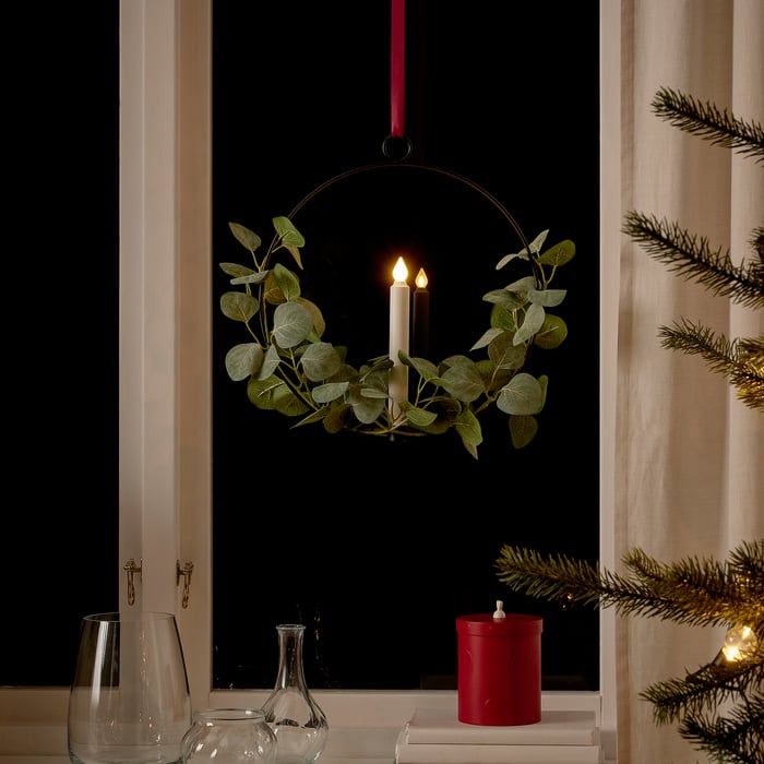 STRÅLA حامل شموع LED، يعمل بالبطارية, صناعي شجر اليوكاليبتوس, 36 سم IKEA