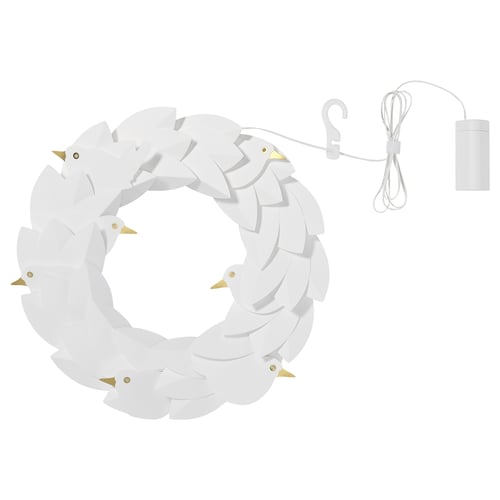 STRÅLA white decorative bird light wreath, battery-operated, led, modern minimalist design.