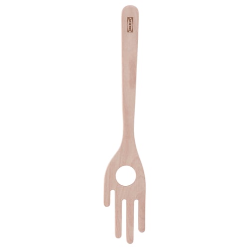 STRÅLFENA spaghetti server, light brown wood, 3-prong design with central hole for measuring spaghetti.