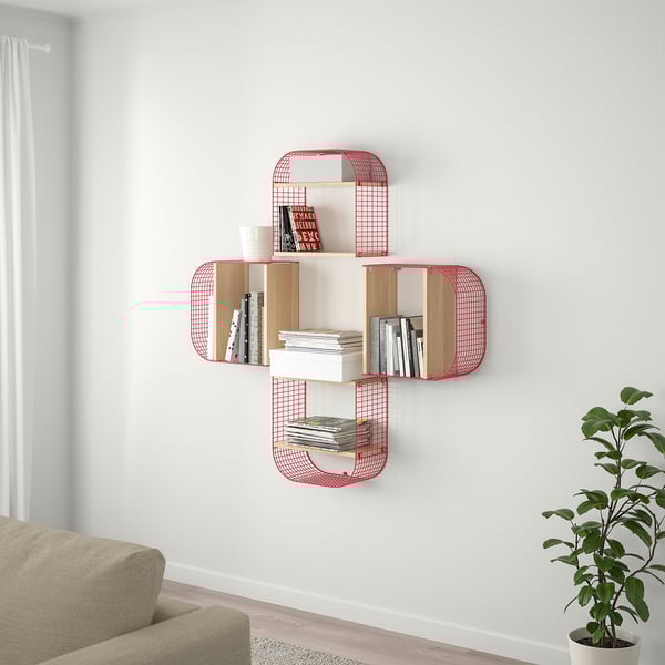 SVENSHULT Wall shelf with storage, brown-red/white stained oak effect, 41x20 cm