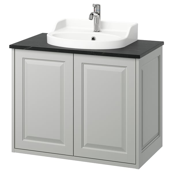 TÄNNFORSEN / RUTSJÖN Wash-stnd w doors/wash-basin/tap, light grey/black marble effect, 82x49x76 cm