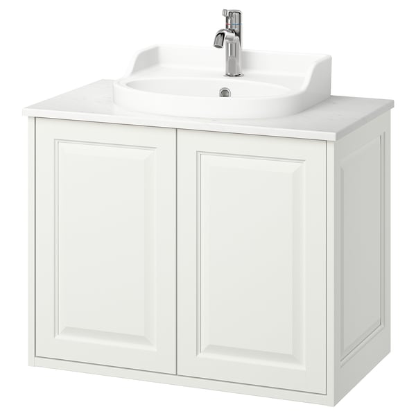 TÄNNFORSEN / RUTSJÖN Wash-stnd w doors/wash-basin/tap, white/white marble effect, 82x49x76 cm