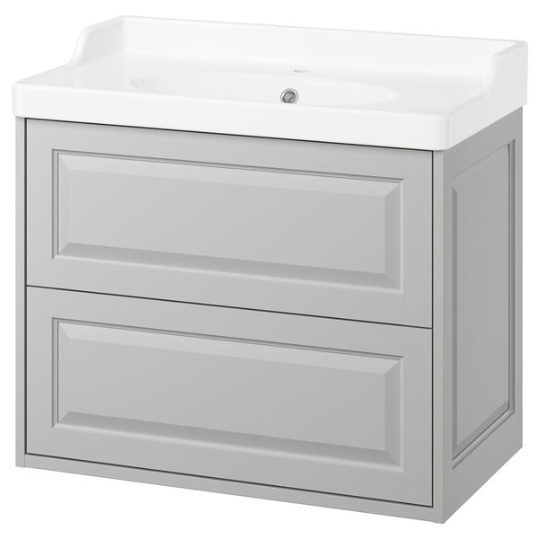 TÄNNFORSEN light grey vanity. Clean design, 2 drawers, ceramic sink.