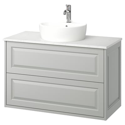 TÄNNFORSEN vanity in light grey with marble top & round sink.