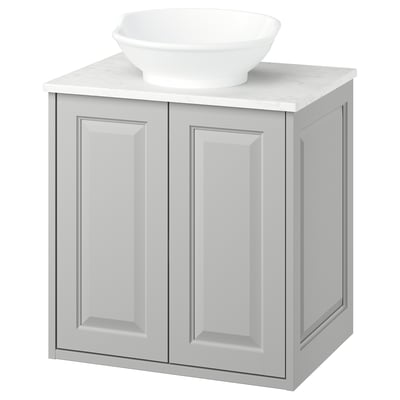TÄNNFORSEN light grey bathroom cabinet with marble counter & sink, spacious storage.