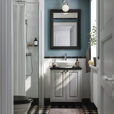 TÄNNFORSEN / VÄSTERSJÖN Wash-stnd w doors/wash-basin/tap, light grey/black marble effect, 62x49x79 cm