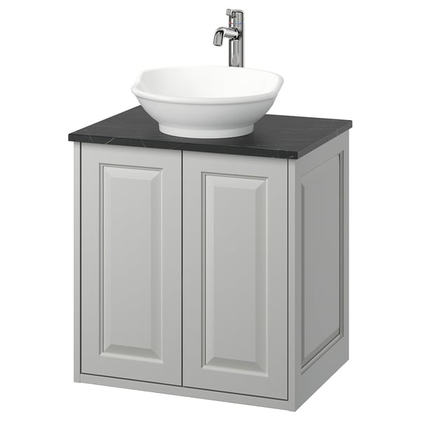 TÄNNFORSEN / VÄSTERSJÖN Wash-stnd w doors/wash-basin/tap, light grey/black marble effect, 62x49x79 cm