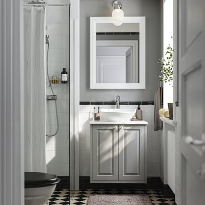 TÄNNFORSEN / VÄSTERSJÖN Wash-stnd w doors/wash-basin/tap, light grey/white marble effect, 62x49x79 cm