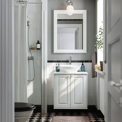 TÄNNFORSEN / VÄSTERSJÖN Wash-stnd w doors/wash-basin, white/white marble effect, 62x49x79 cm