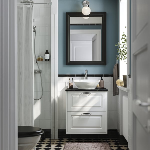 TÄNNFORSEN / VÄSTERSJÖN Wash-stnd w drawers/wash-basin/tap, white/black marble effect, 62x49x79 cm