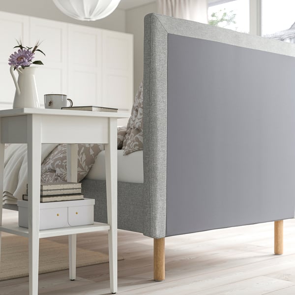 TÄRNKULLEN Upholstered bed frame, Tibbleby beige/grey/Lindbåden, 90x200 cm