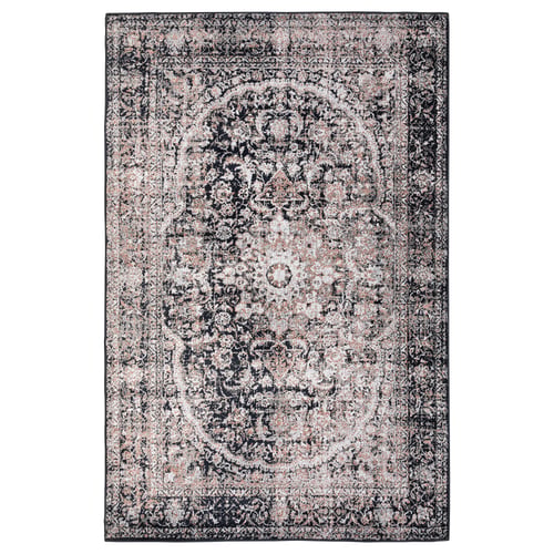 Vintage-style rectangular rug, grey/black flowers, polypropylene & jute base.