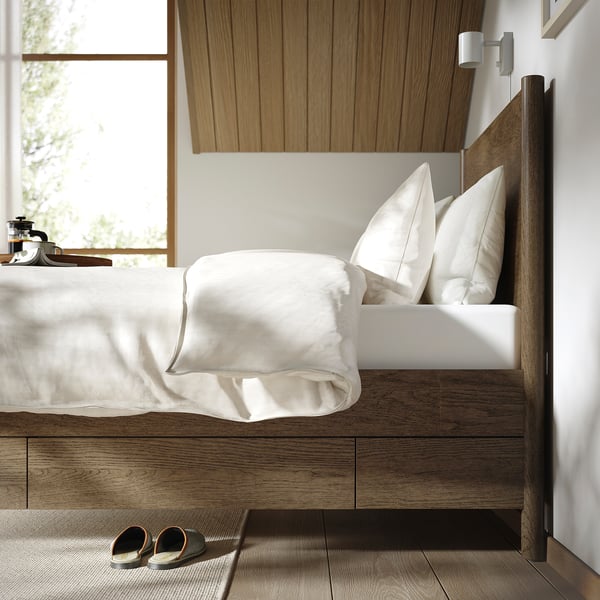TONSTAD Bed frame with storage, brown stained oak veneer/Lindbåden, 90x200 cm