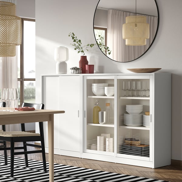 TONSTAD Storage combination w sliding doors, off-white/clear glass, 201x37x116 cm