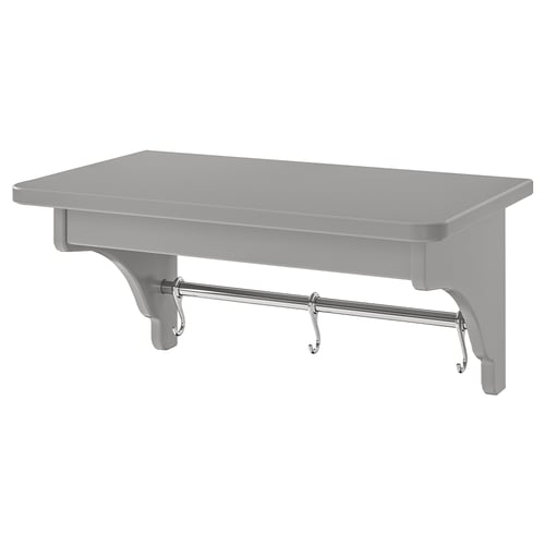 A TORNVIKEN grey wall shelf with a metallic rod and hooks.