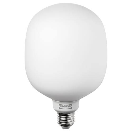 Ikea TRÅDFRI smart light bulb, white, round shape, frosted glass cover.