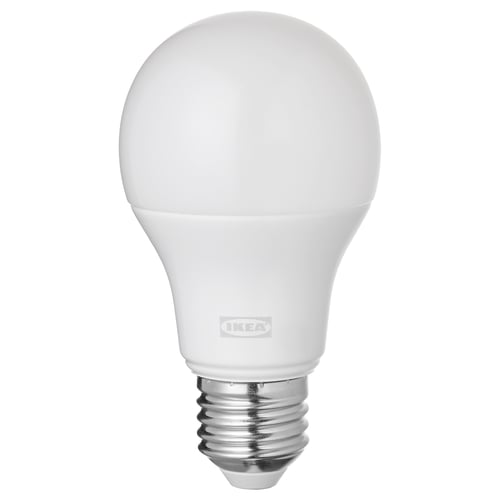 Single white ikea TRÅDFRI bulb, round top, made from polycarbonate plastic, designed for smart home use.