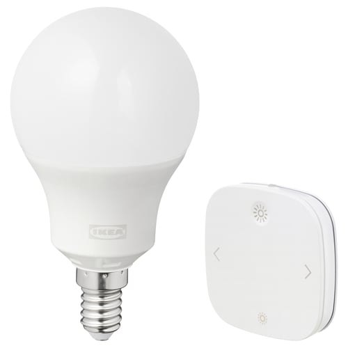Two smart led light items: a white bulb and remote. Bulb branded IKEA, remote with sun icons.