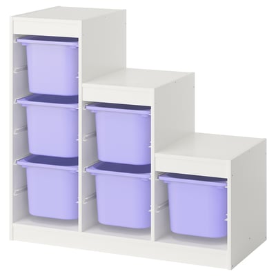 A white TROFAST kids storage unit with purple boxes.