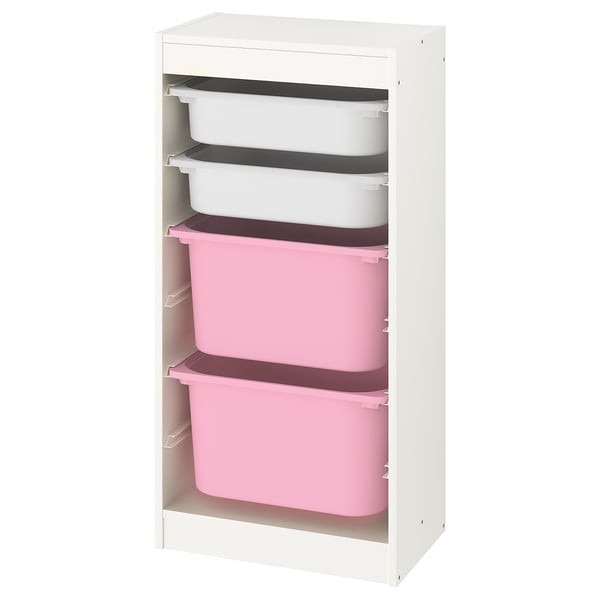TROFAST storage combination with boxes, white/white pink, 46x30x94 cm