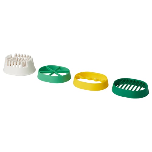Four coloured kitchen tools: white, green, yellow, dark green. Polypropylene, specialised shapes. Easy id.