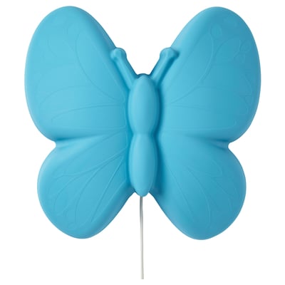 A blue UPPLYST butterfly-shaped lamp, made of recycled plastic, designed for kids.