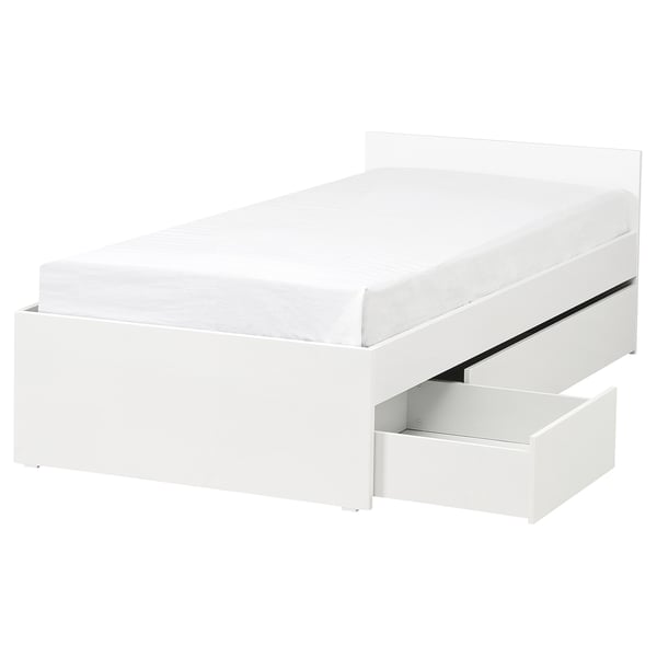VIHALS Bed frame with 2 storage boxes, white/Lindbåden, 90x200 cm