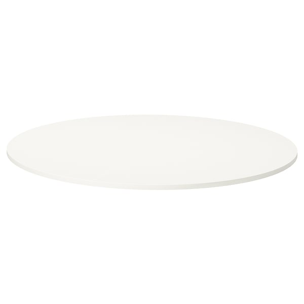 Round white table, minimalist design, melamine surface, ideal for various settings.