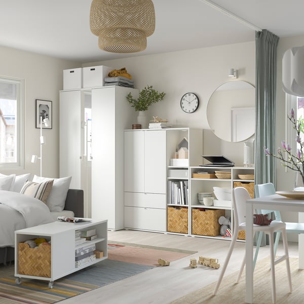 VIHALS Wardrobe combination, white/mirror glass, 305x57x200 cm
