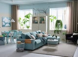 VIMLE 3-seat sofa with chaise longue, with wide armrests/Saxemara light blue