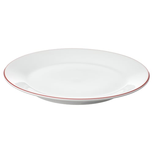 VINTERFINT white plate with red rim, round, simple design. Made of feldspar porcelain.