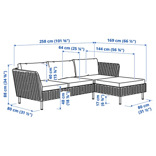 VITTSKÄR 3-seat conversation set, with chaise longue outdoor/plastic rattan dark grey Frösön/Duvholmen beige