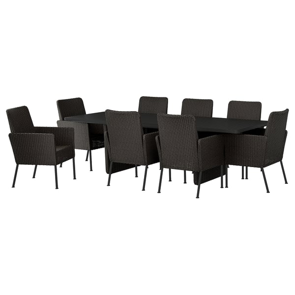 Grey VITTSKÄR outdoor dining set with 8 wicker chairs, modern design.