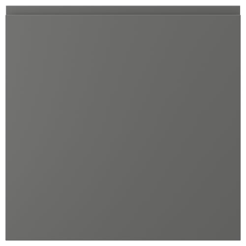 A dark grey, square-shaped VOXTORP cabinet door with a smooth, minimalist design and integrated handles.