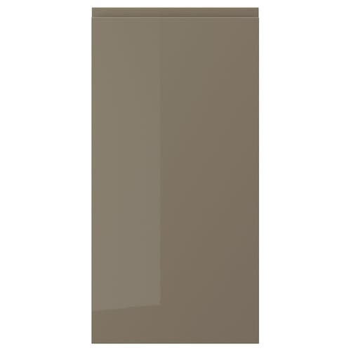 A sleek VOXTORP cabinet door in dark grey-brown with a high gloss finish. It has an integrated handle for a modern look.